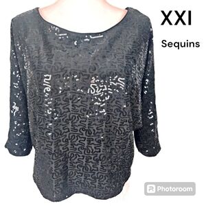 XXI Sequin Top 3/4 Dolman Sleeve Medium Crop Length Black Forever 21 VGUC